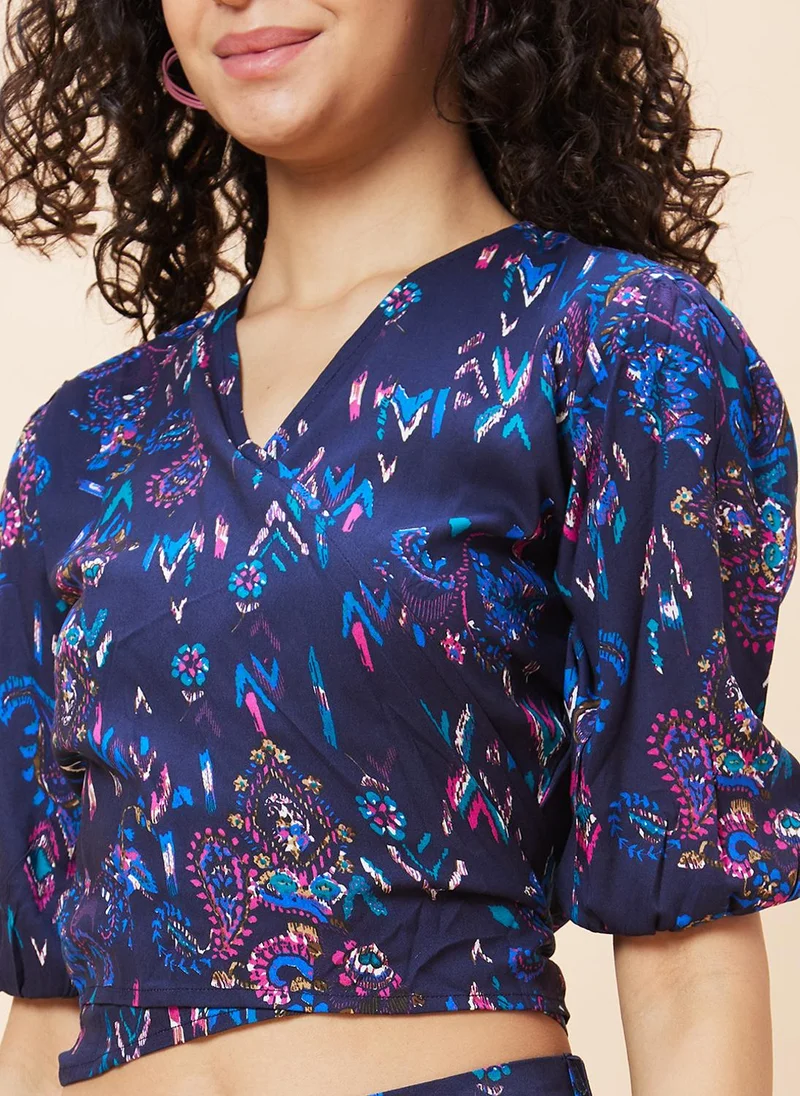 globus Globus Women Paisley Print Wrap Tie-Back Crop Top & Flared Palazzos Co-Ord Set